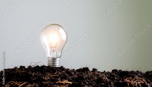 A Single Glowing Filament Light Bulb Growing From Dark Soil Like A Plant