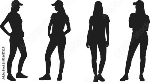 Female Silhouette Collection in Casual Outfit and Cap Standing Poses Isolated Vector Illustration on White Background