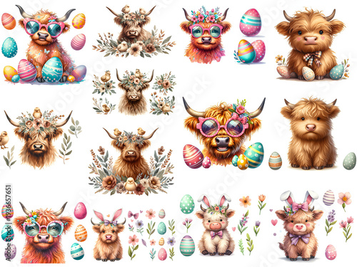 Cute Highland Cow Easter Clipart with Floral Crown Eggs Chicks Kawaii Illustration Collection
