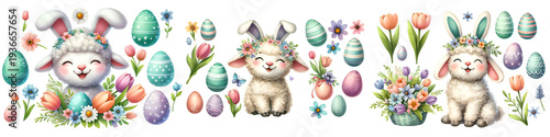 Cute Fluffy Lamb Bunnies with Flower Crowns Tulips Easter Eggs and Bouquets Illustration Set