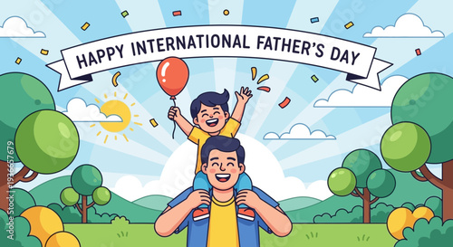 Happy International Father's Day: Father Carrying Son on Shoulders, Outdoor Celebration