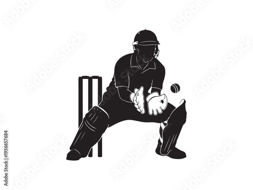 Cricket wicketkeeper catching ball illustration.