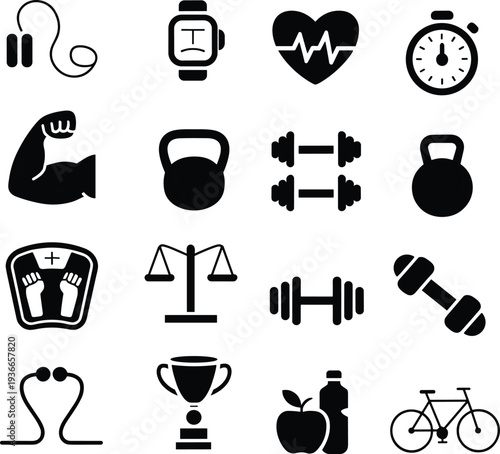 Fitness and healthcare icon set with smartwatch, heart rate, dumbbell, kettlebell, nutrition, bicycle, medical scale symbols isolated on white background