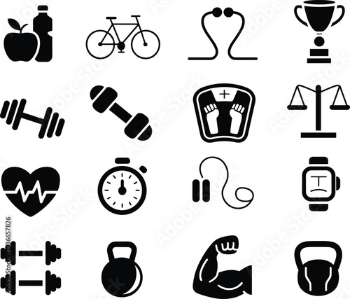 Fitness and health icon set with gym equipment, heart rate, smartwatch, nutrition, balance scale, sports trophy symbols isolated on white background