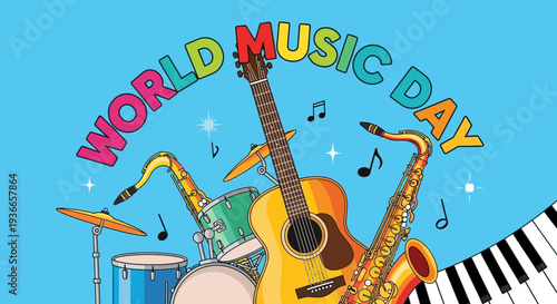 World Music Day Celebration with Diverse Instruments: Guitar, Saxophone, Drums, Piano