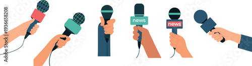 Journalist microphones in hands set with news labels, media interview and press reporting concept, vector illustration isolated on white background