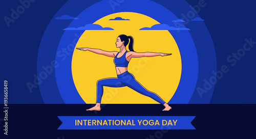 Woman practicing Warrior II yoga pose on International Yoga Day, vibrant blue and yellow design