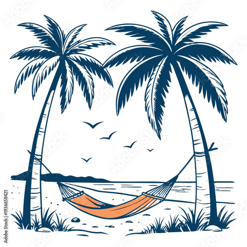 WebMinimal Coastal Landscape with Palm Trees and Hanging Hammock