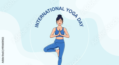Woman practicing yoga tree pose for International Yoga Day, serene blue background