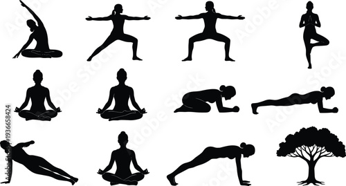 Yoga poses silhouettes with tree symbol, meditation vector illustration, fitness design, mindfulness artwork, relaxation theme, spiritual practice, wellness concept