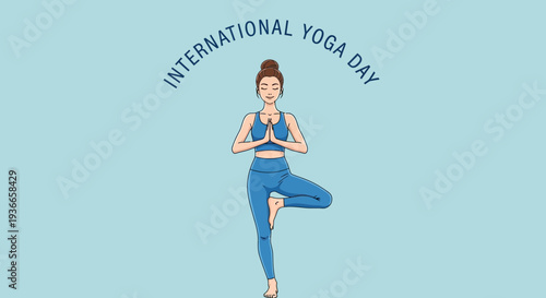 International Yoga Day: Woman in Tree Pose, Blue Outfit, Serene Blue Background