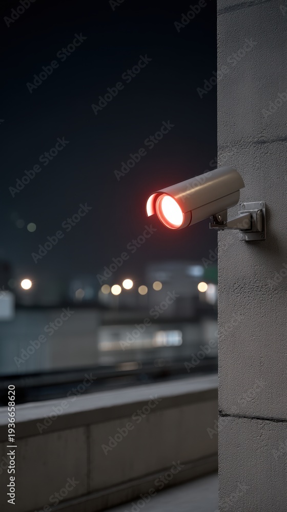 custom made wallpaper toronto digitalCCTV Camera with Glowing Red Light at Night in Urban Environment