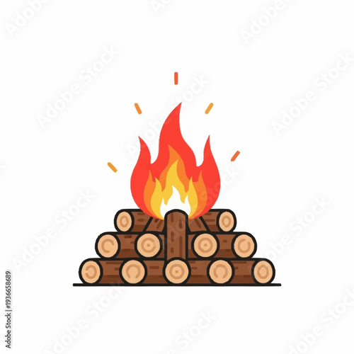 Cartoon campfire logs stacked in pyramid shape flames in red orange and yellow