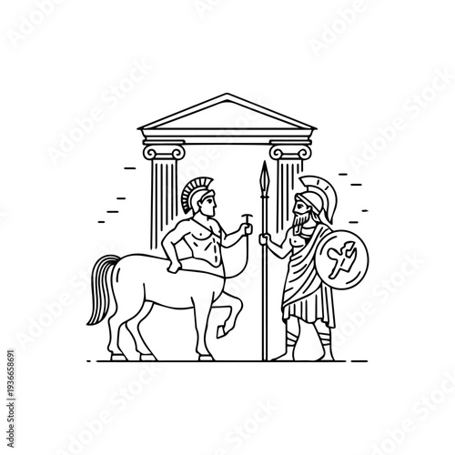 Centaur and a warrior stand before a stylized Greek temple entrance