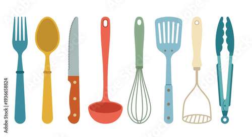 Colorful kitchen utensils arranged in a horizontal line illustration