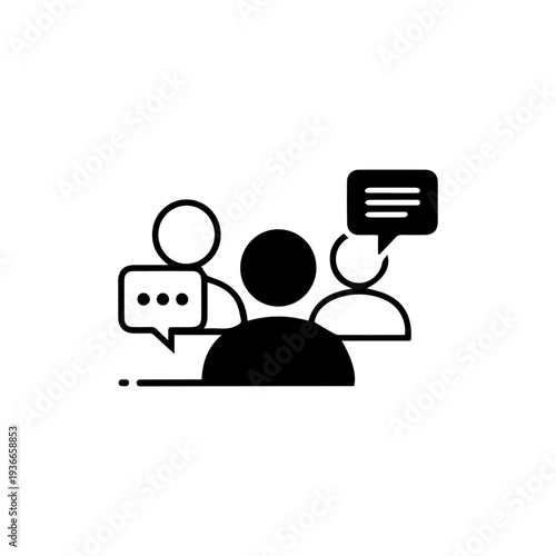 Three figures are shown in silhouette two of which have speech bubbles