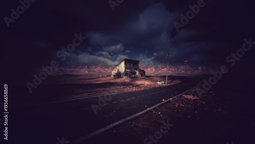 Obraz na plátně isolated abandoned house under stormy sky, cracked asphalt road leading to derel