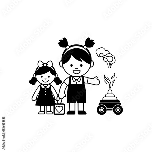 Two cartoon kids stand next to toys