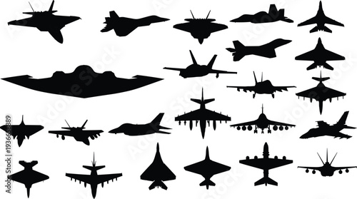 Military Aircraft Silhouettes Vector Set Featuring Fighter Jets Bomber Planes and Stealth Airplanes for Aviation Defense Air Force and War Technology Design Collection