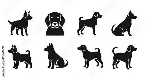 A set of dog silhouettes in various poses on transparent background