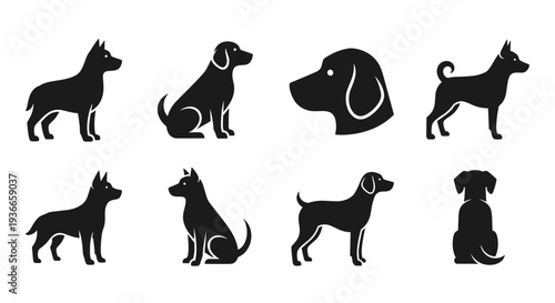 A set of dog silhouettes in various poses on transparent background