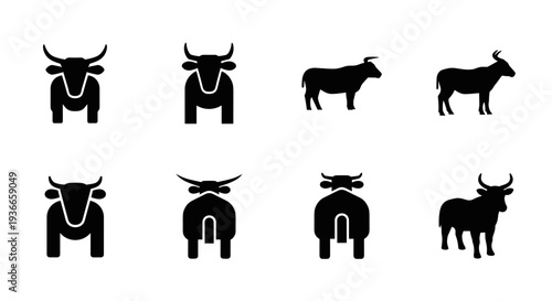 A set of minimalist cow silhouettes in various poses on transparent background
