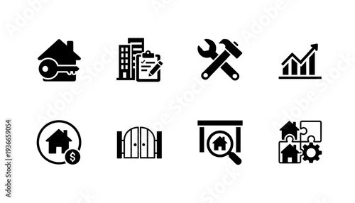 A set of construction and business icons in a flat, minimal design style on transparent background