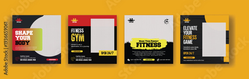 Gym fitness workout advertising design pack with social media post templates, square flyer poster layouts, promotional banner ads and web banner marketing for fitness club promotion