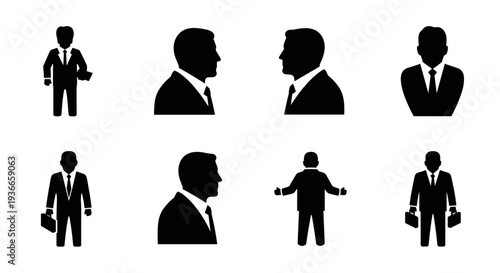 A set of black silhouettes of businessmen in various poses on transparent background