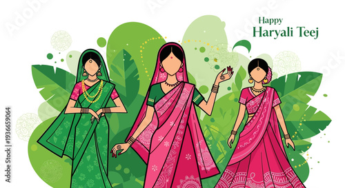 Happy Hariyali Teej Festival: Three Indian Women in Traditional Sarees Celebrate