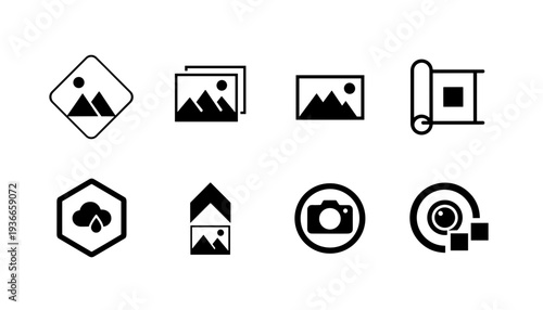 A set of minimalist camera and photo icons on transparent background