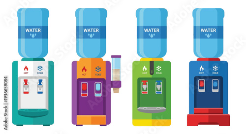 Four colorful water dispensers offering hot and cold water options