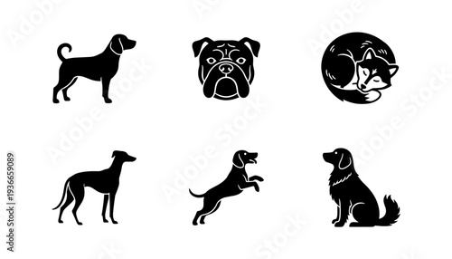 A set of dog silhouettes in various poses on transparent background