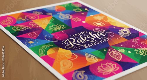 Happy Raksha Bandhan colorful geometric pattern with traditional Indian motifs