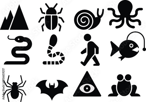 Mixed silhouette icon collection featuring animals insects human figure mountains eye symbol and sea creatures simple black vector set