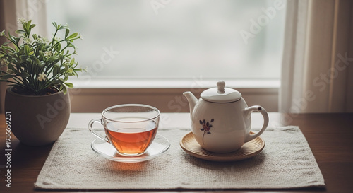 Wallpaper Mural cup of tea and teapot on wooden table Torontodigital.ca