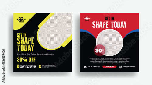 gym fitness workout promotional templates featuring social media post, square flyer poster design, banner ads and web banner layout for fitness club marketing