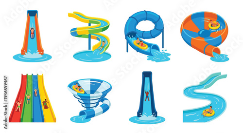 Colorful water slides with people enjoying a summer day at the park