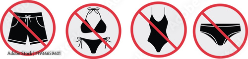 No Swimwear Icons Vector Set Featuring Prohibited Shorts Bikini Two Piece Swimsuit and Underwear Symbols for Beach Rules and Dress Code Restrictions