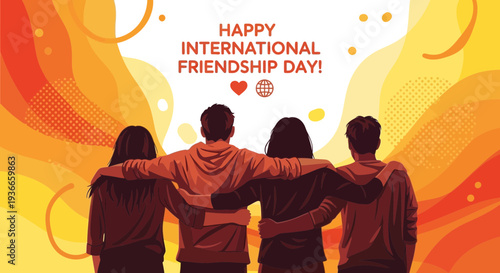 Happy International Friendship Day! Four friends embracing, celebrating unity and togetherness.