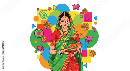 Indian Woman in Traditional Saree Holding Puja Thali with Festive Background