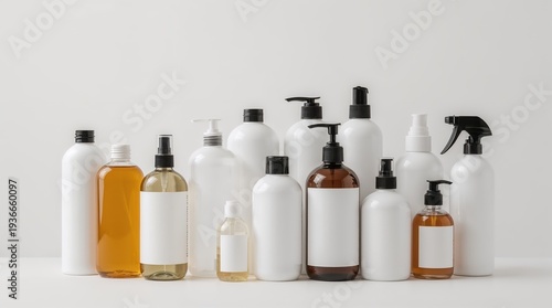 Assortment of dog shampoos, sprays, and grooming products in plain bottles arranged neatly in studio composition. Generative AI