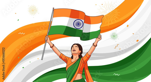 Indian Woman Celebrating Independence Day Holding National Flag with Tricolor Waves Background