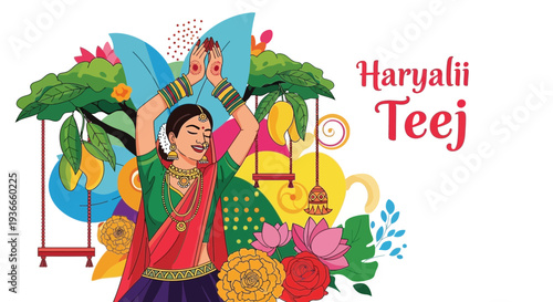 Hariyali Teej Festival Celebration: Woman Dancing Joyfully Amidst Nature and Swings