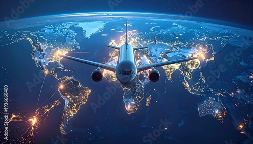 Digital Airplane Flies over World Map Showing Global Air Travel Routes