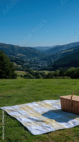 Wallpaper Mural Scenic Picnic Blanket on Hillside with Breathtaking Mountain View Under Blue Sky Torontodigital.ca