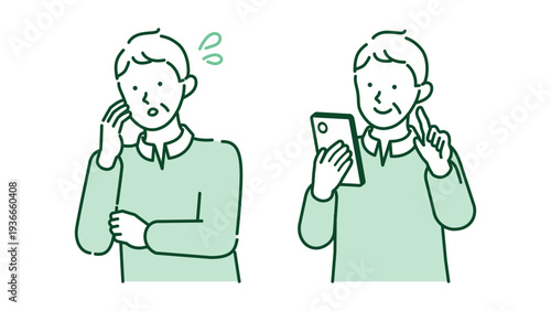 Senior man struggling with mobile phone and happy smiling grandfather solving problem by touching smartphone screen vector illustration set