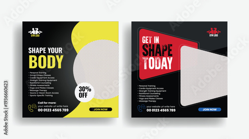 Gym fitness club workout marketing design bundle with social media post template, square flyer poster layout, promotional banner ads and web banner advertising for personal trainer