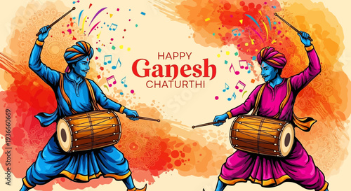 Ganesh Chaturthi Celebration: Men Play Drums in Festive Indian Cultural Event
