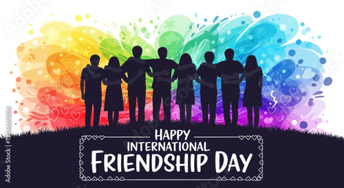 Diverse friends celebrating International Friendship Day with colorful abstract background